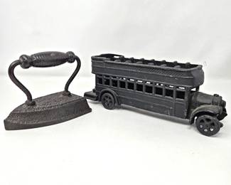 Vintage Cast Iron Bus Toy Vehicle w/ Antique Sad Iron Doorstop Lot