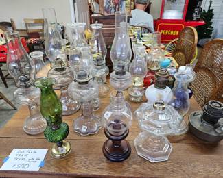 Oil lamps, large oak dining table