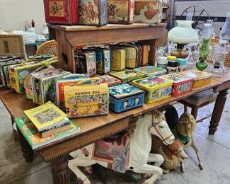 Over 40 tin lunch boxes