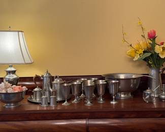 Pewter goblets, punchbowl, lamp, vase, etc.