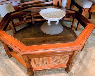 MCM Solid wood with cane base octagon shaped coffee table with glass top 