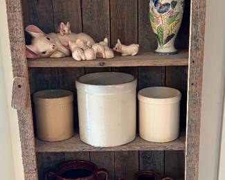 Wooden rustic display shelves, Vintage stoneware bean pots and jars 