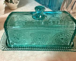 Vintage Pioneer Woman Turquoise glass butter dish 