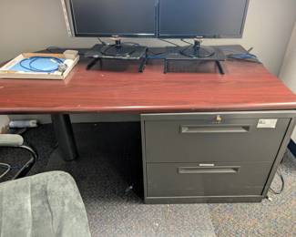 Cherry finish top table monitors and two drawer metal file cabinet all sold separately