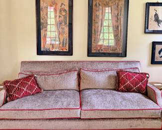 Custom Lewis Mittman. Gray chenille with red piping.