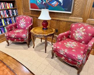 French Country Bergere Armchairs upholstered in Ralph Lauren Floral; Karges Round Occasional Table; Bradburn Gallery Oxblood Glazed Lamp with silk shade