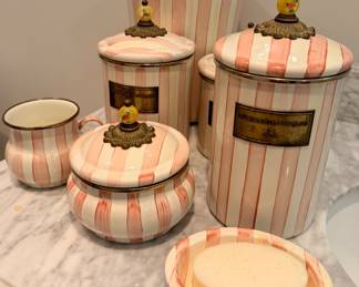 Mackenzie Childs Bathing Hut (2003-2005) collection, including  enamel canisters, soap dish, squash pot 