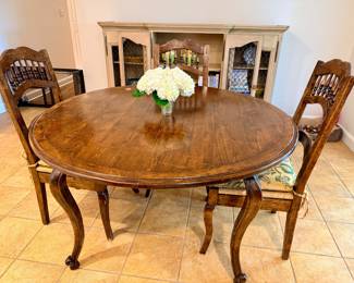 French Country Expandable Dining Table and 4 rush seat chairs.  Two leaves (not shown)