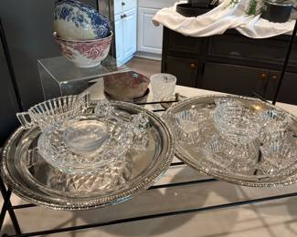 Crystal plates, spoon rest & salt cellars