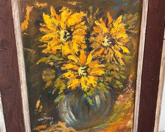 Vintage oil painting featuring a vibrant arrangement of sunflowers in a vase
