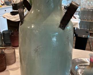 Rustic ceramic vase with light green, distressed, finish and dark metal handles
