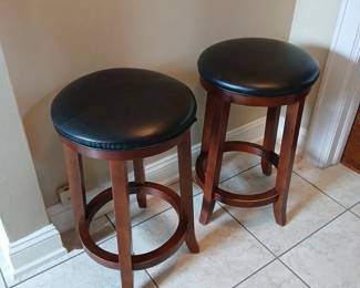 Two Leather and Wood Barstools