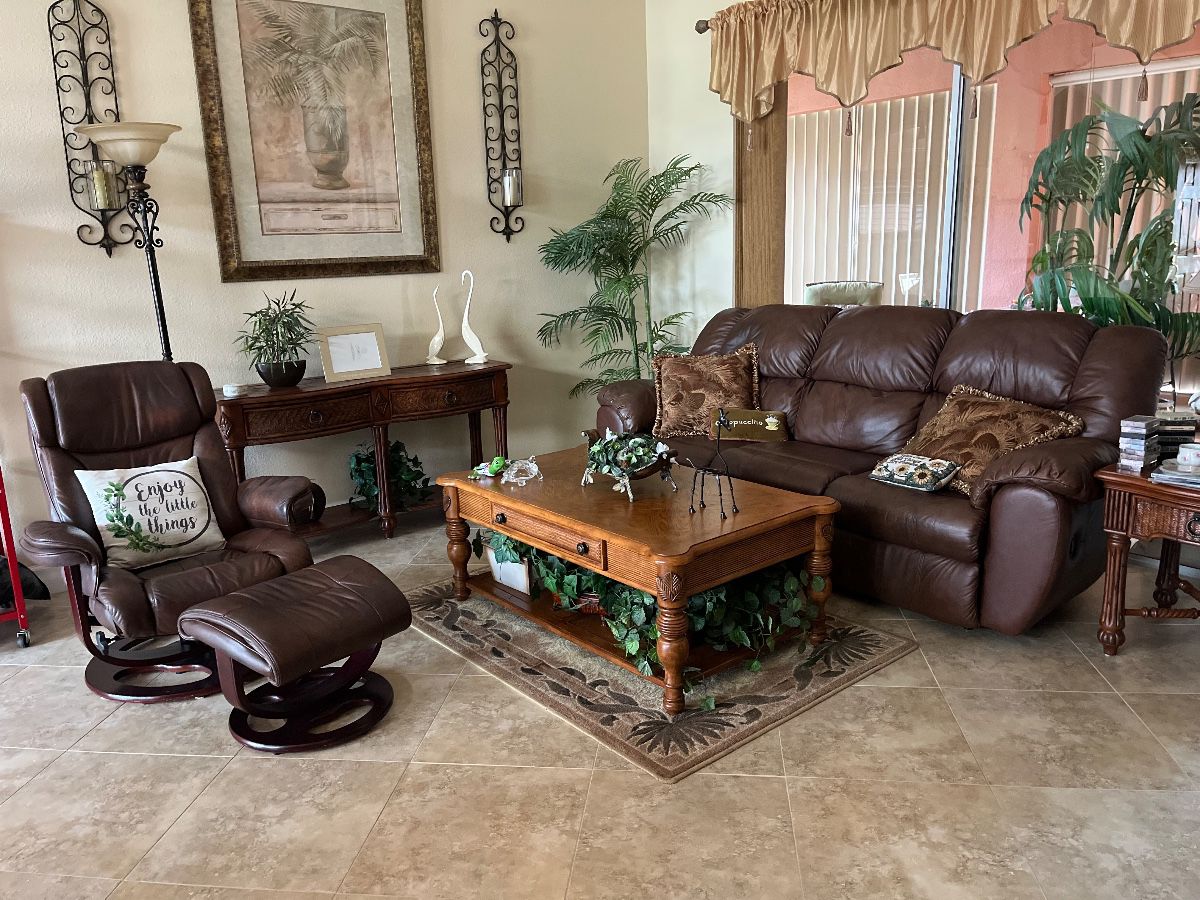 Leather couch and leather chair, coffee table and sofa  table