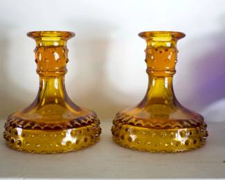 LE Smith Amber Hobnail Candlesticks