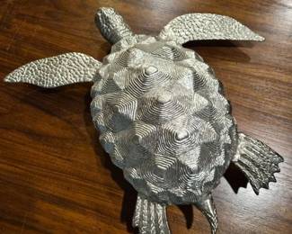 Decorative Metal Turtle Sculpture on Stand