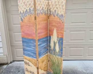 Vintage Three Panel Double Sided Hand Painted Room Divider