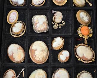 Huge selection of Gold Cameos. Pins, pendants, and rings. 
