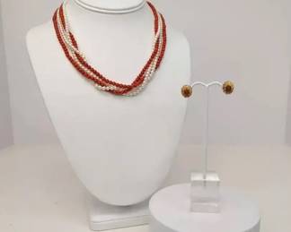 BB009 Four Strand Coral Bead and Cultured Pearl Necklace with Matching Earrings