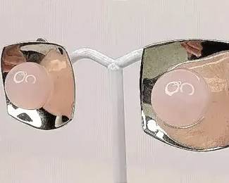 BB016 Sterling Silver and Rose Quartz Art Deco Clipon Earrings