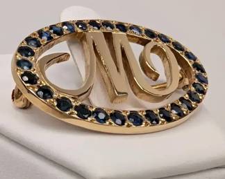 BB018 14K Gold Sapphire Adorned Monogrammed Pin