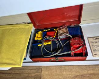 The Constructioneer Metal Building Set: A classic retro No. 8 metal Erector-style building set in its original red steel carrying case, manufactured by Urbana Mfg. Co. (Urbana, Ohio). 