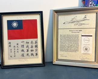 WWII Flying Tigers Blood Chit: A framed vintage Chinese 'Blood Chit' used by the legendary American Volunteer Group (AVG) Flying Tigers (dated Dec 1941 – July 1942), featuring the Nationalist Chinese flag and standard survival text requesting civilian protection and rescue for the downed American pilot.