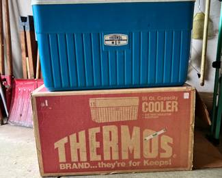 Vintage Cooler: A bright blue vintage Thermos 55-Quart capacity cooler complete with its original retro cardboard box
