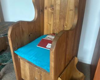 Handmade wood lambing armchair (side view with newspaper/magazine rack)