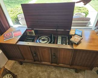  Vintage record, radio, 8 track cabinet, 8 track cassettes original instruction manual 