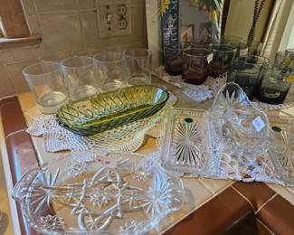 Vintage highball glasses and glass serving dishes