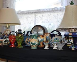 Seth Thomas Clock, Czech Scenic, Abstract, Lamps, Pottery, Certamic Birds, Spatter Floral Frogs