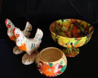 Colorful Chickens, Art Glass Pedestal Bowl