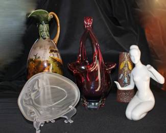 Frosted Nude Dish, Figurine, Scenic Pitcher, Red Art Glass Basket