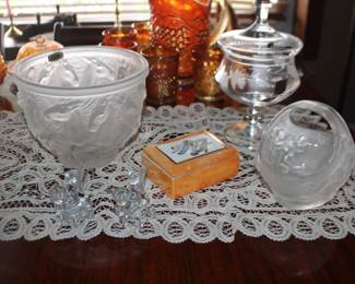 Art Deco Czech Barolac Frosted Glass Bowl by Joseph Inwald with Horses, Brides Basket, Cigarette Case