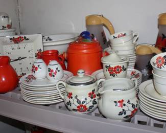 Red Poppy Dishs by Hall, Bowls, Water Pitchen, Cups, Plates, S  P, Clock, Rolling Pin, More
