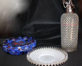 Seltzer Bottle, Blue Spatter Bowl, Lace or scalloped Edge Glass Plate