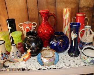 Chelsea Bird, Art Glass, MCM Red  Black Pitcher, More