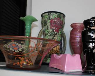 Art Glass, Floral Glass Bowls, Black Vases with Designs, Pink Cig Dish