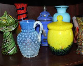 Serpentine Red Vase, Art Glass, Hobnail Pitcher, Aqua Vase
