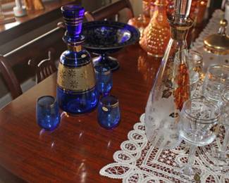Decanter, Cobalt Blue with Glasses  Pedestal Dish