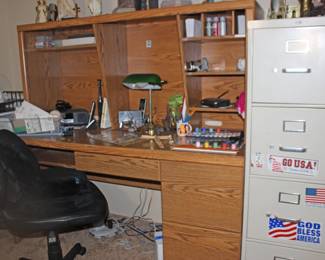 Desk and File Cabinet and Desk Lamp