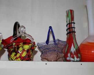 Art Glass Vases and Baskets and Red Blue Serpentine Vase