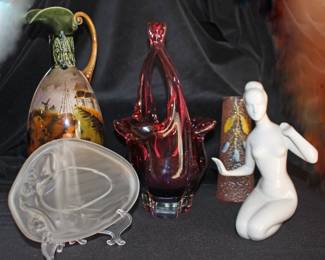 Scenic Vase, Art Glass Basket, Royal Dux Figurine