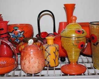 Red Black Art Deco Vases, Yellow Ring Art Glass, Deco Baskets