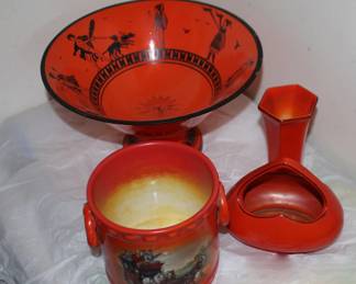 Scenic Pottery Jar, Red Black Art Glass, Red Vase