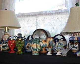 Woodland Themed Czech Potter, Kralik Czech Glass Spatter Fleurs Vase, Czech Lamps, Seth Thomas Clock
