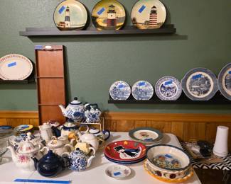 Teapot collection, blue and white plates, collector plates