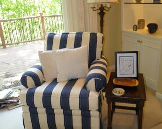 Fun stripped chair and side table, with floor lamp