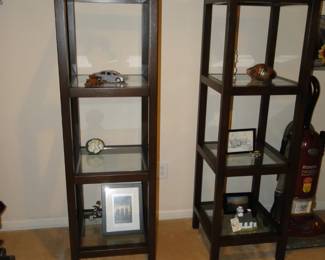 Solid wood and glass shelving units, or if you will, display shelves