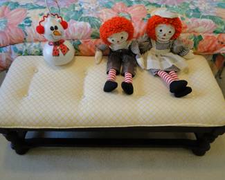 A Gourd snowman joined in on the large ottoman with Raggedy Ann and Andy